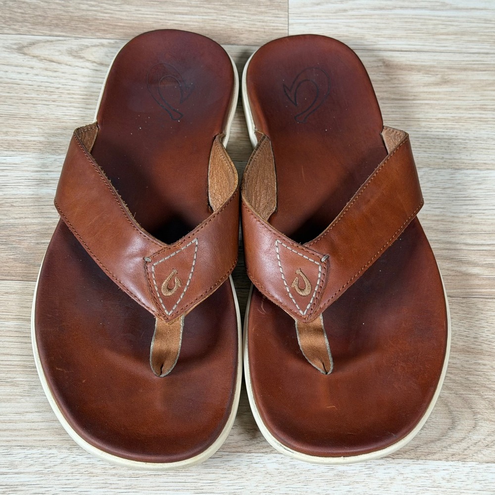 Olukai Nalukai Sandal Mens 12 Brown White Leather Flip Flop Thong Beach Casual